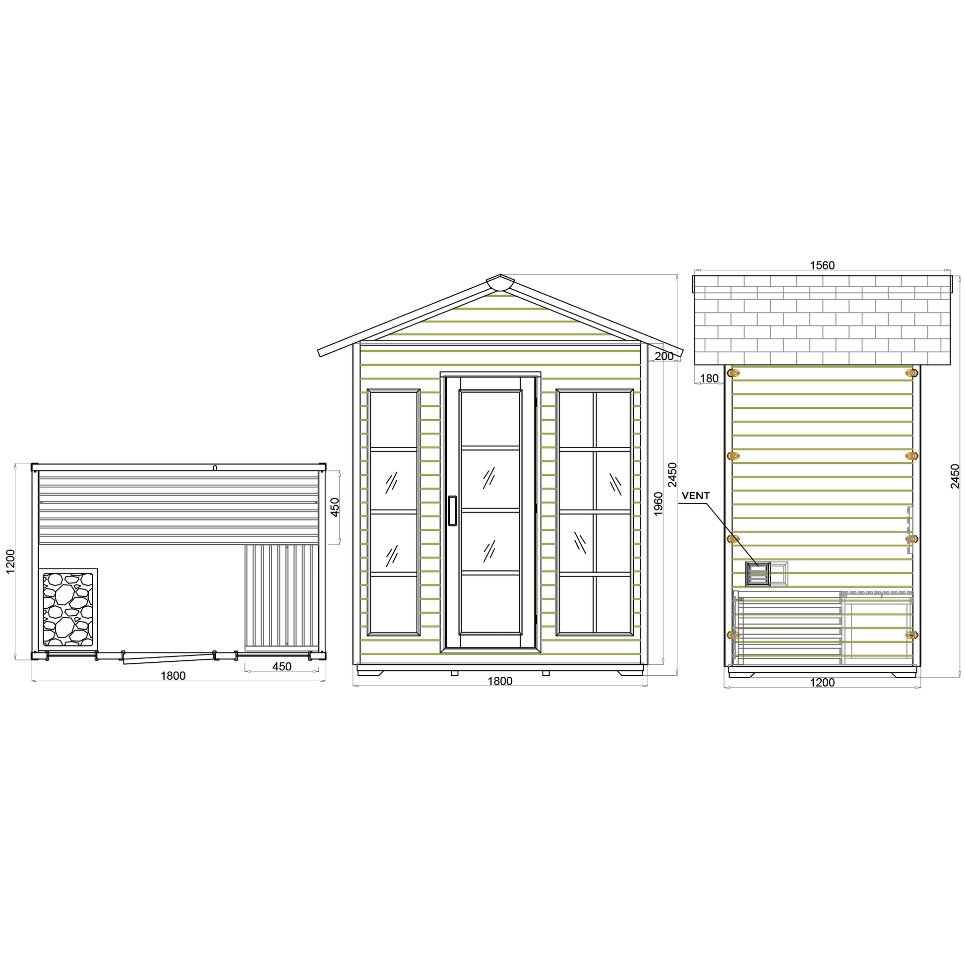 Technical drawing of CenturaHeat 4 Person White Steam Outdoor Sauna
