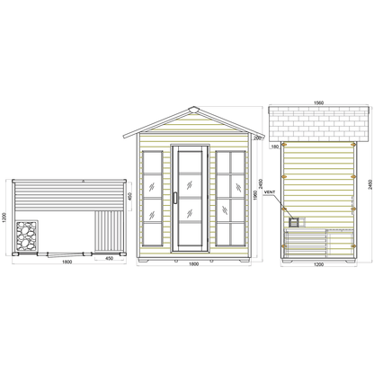 Technical drawing of CenturaHeat 4 Person White Steam Outdoor Sauna