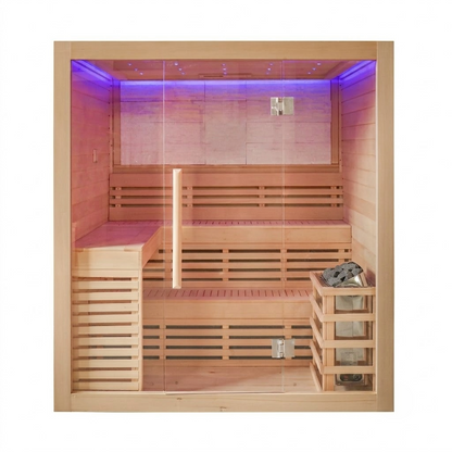 CenturaHeat four person Canadian hemlock indoor steam sauna with stone back wall, tiered benches, full glass front and Harvia heater