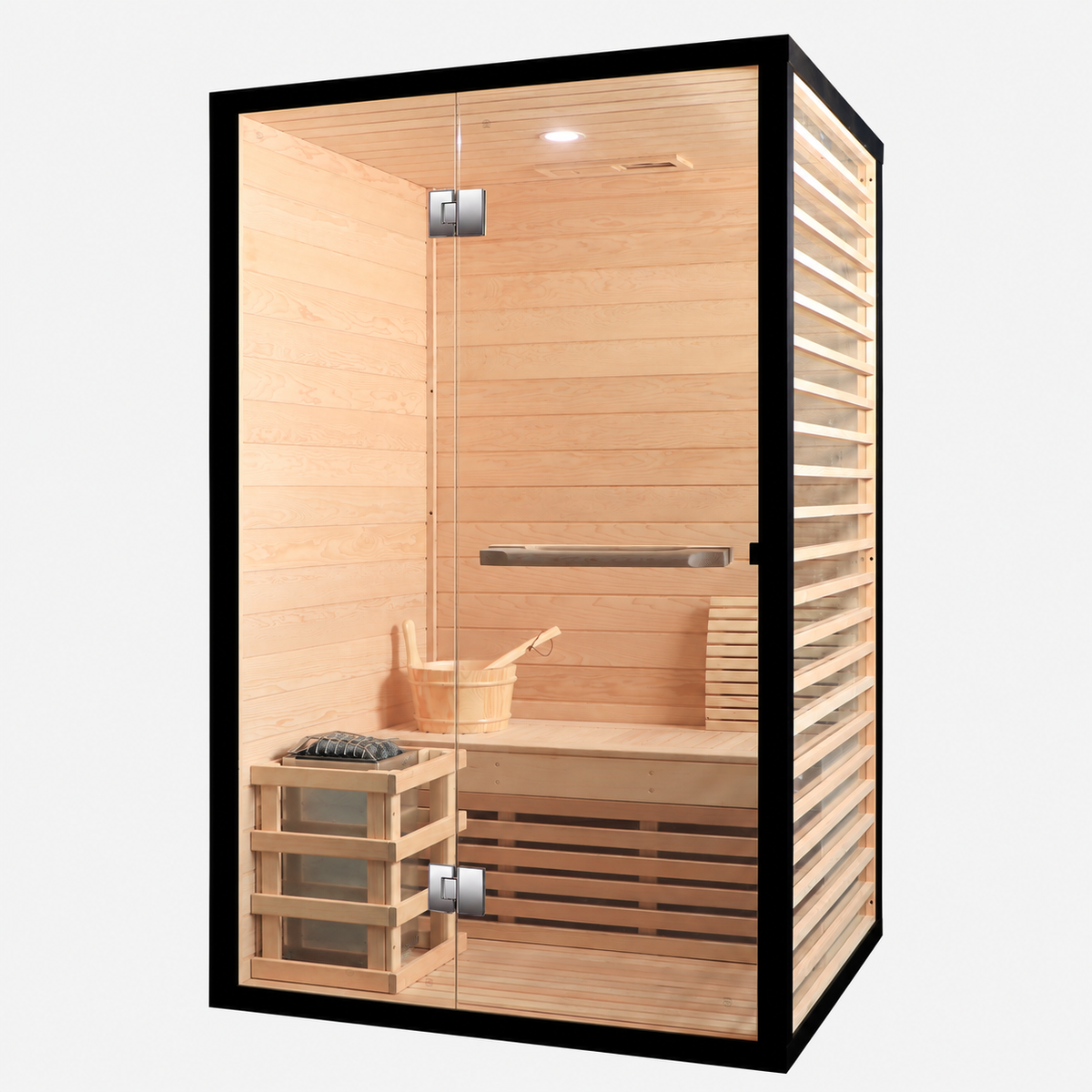 CenturaHeat two person Canadian hemlock indoor steam sauna with full glass front, glass side wall, timber slats and Harvia heater