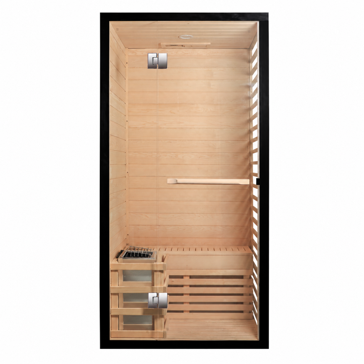 Front view of CenturaHeat two person Canadian hemlock indoor steam sauna with glass door, timber bench and Harvia heater guard