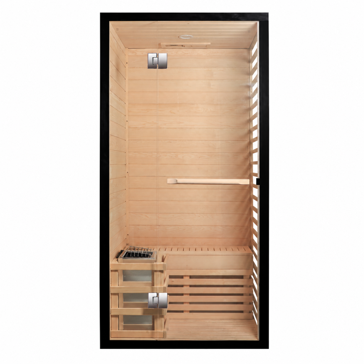 Front view of CenturaHeat two person Canadian hemlock indoor steam sauna with glass door, timber bench and Harvia heater guard