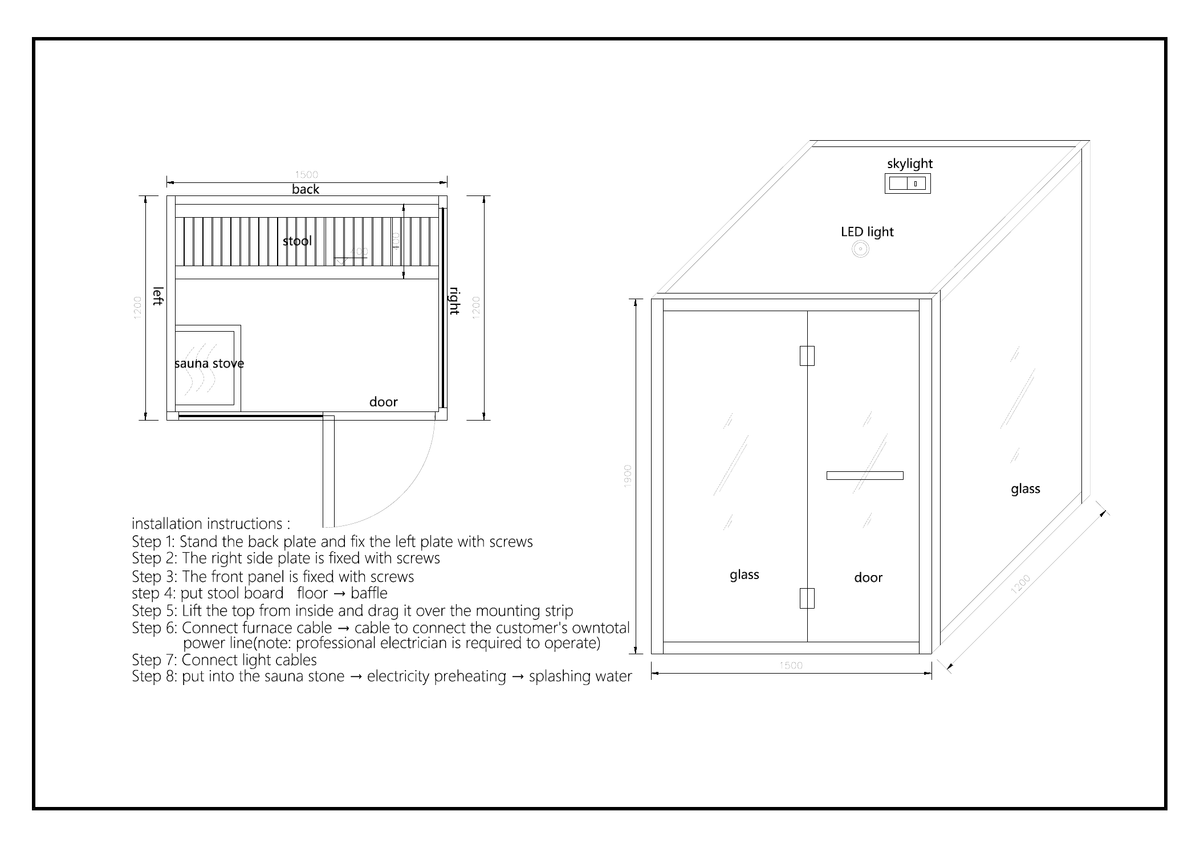 Technical drawing for HEAT-WL6301 showing 1500 by 1200 by 1900mm sauna layout, glass front and side, bench, heater, LED light and ceiling vent