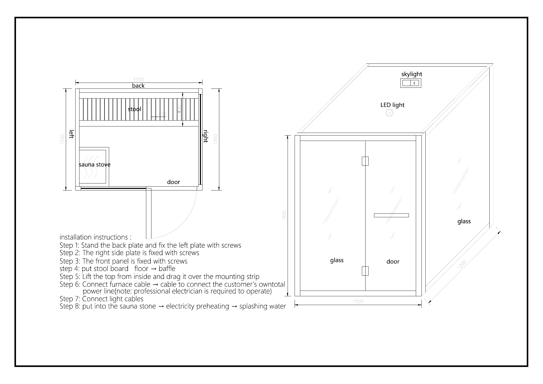 Technical drawing for HEAT-WL6301 showing 1500 by 1200 by 1900mm sauna layout, glass front and side, bench, heater, LED light and ceiling vent