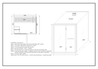 Technical drawing for HEAT-WL6301 showing 1500 by 1200 by 1900mm sauna layout, glass front and side, bench, heater, LED light and ceiling vent