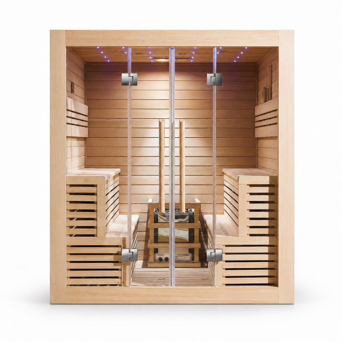 CenturaHeat four person Canadian hemlock indoor steam sauna with full glass front, opposing benches and Harvia heater