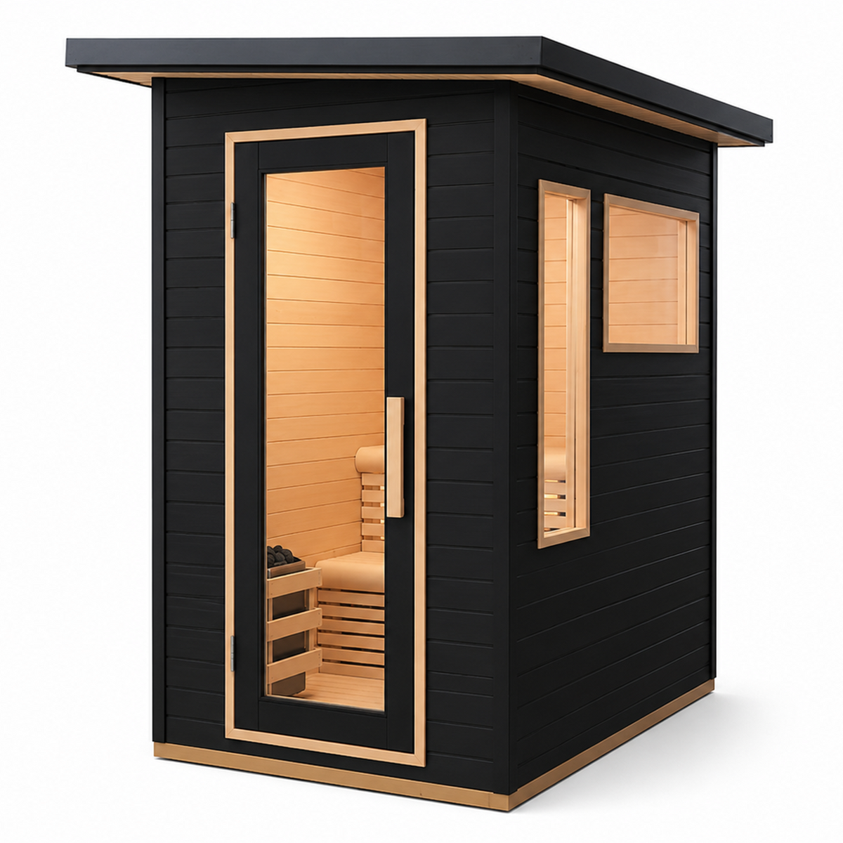 CenturaHeat compact black hemlock outdoor sauna with glazed door and side windows