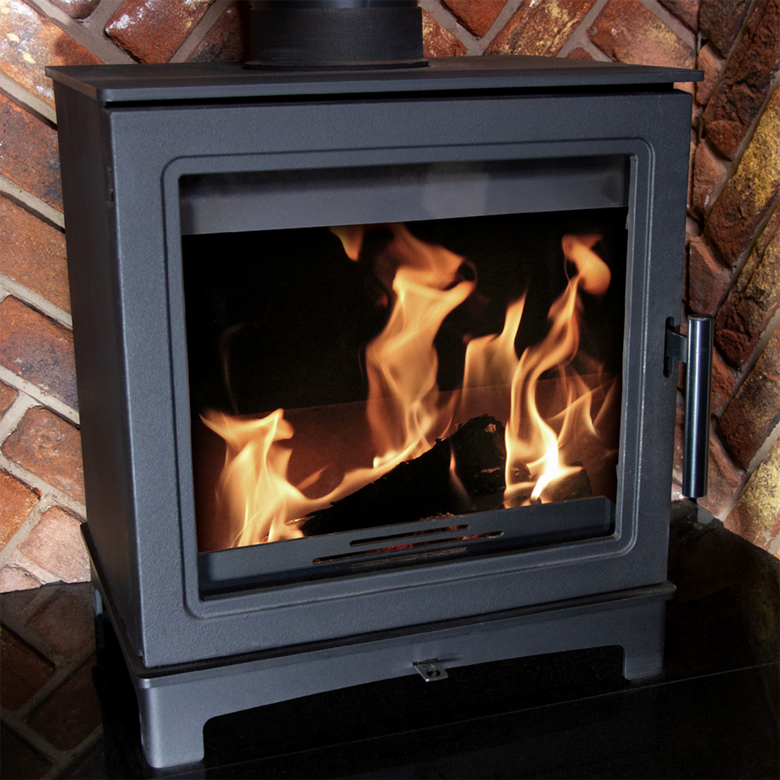 Wood burning stove with flames inside