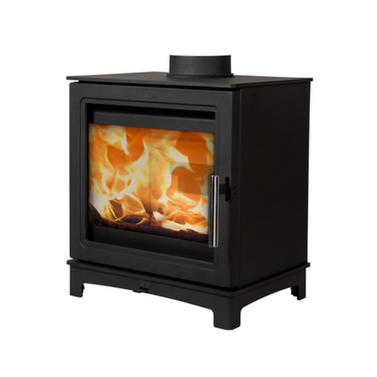 Black freestanding stove with visible flames 