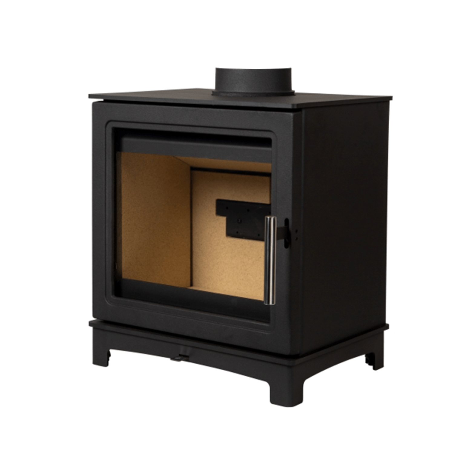 Black wood stove with a glass door 