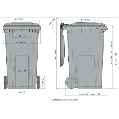 240 Litre Wheelie Bin - Grey