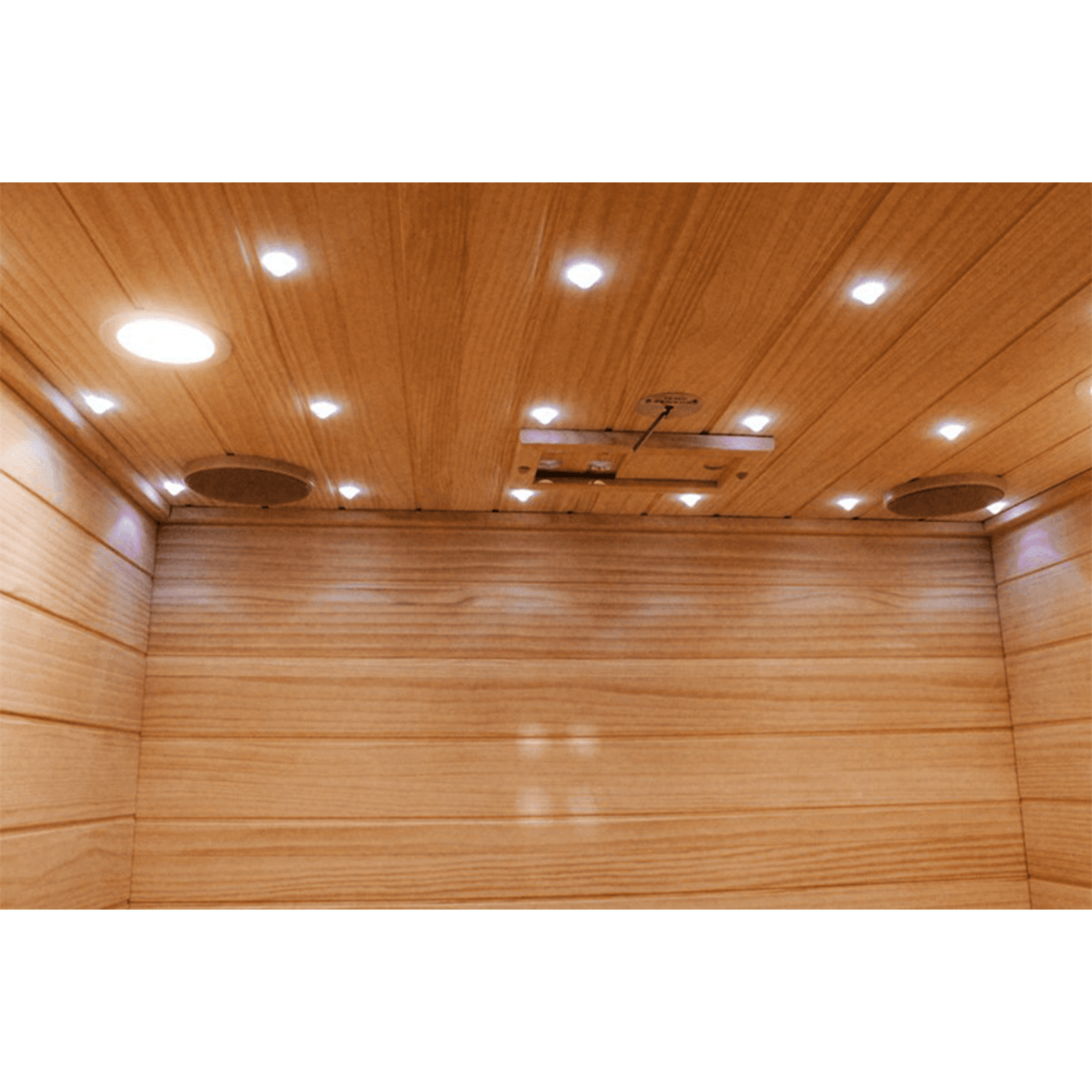 Wooden interior with ceiling lights