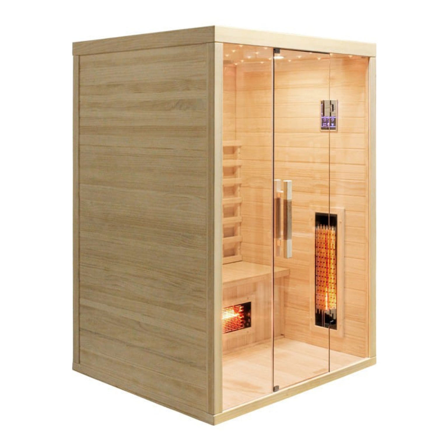 Wooden sauna with glass door 