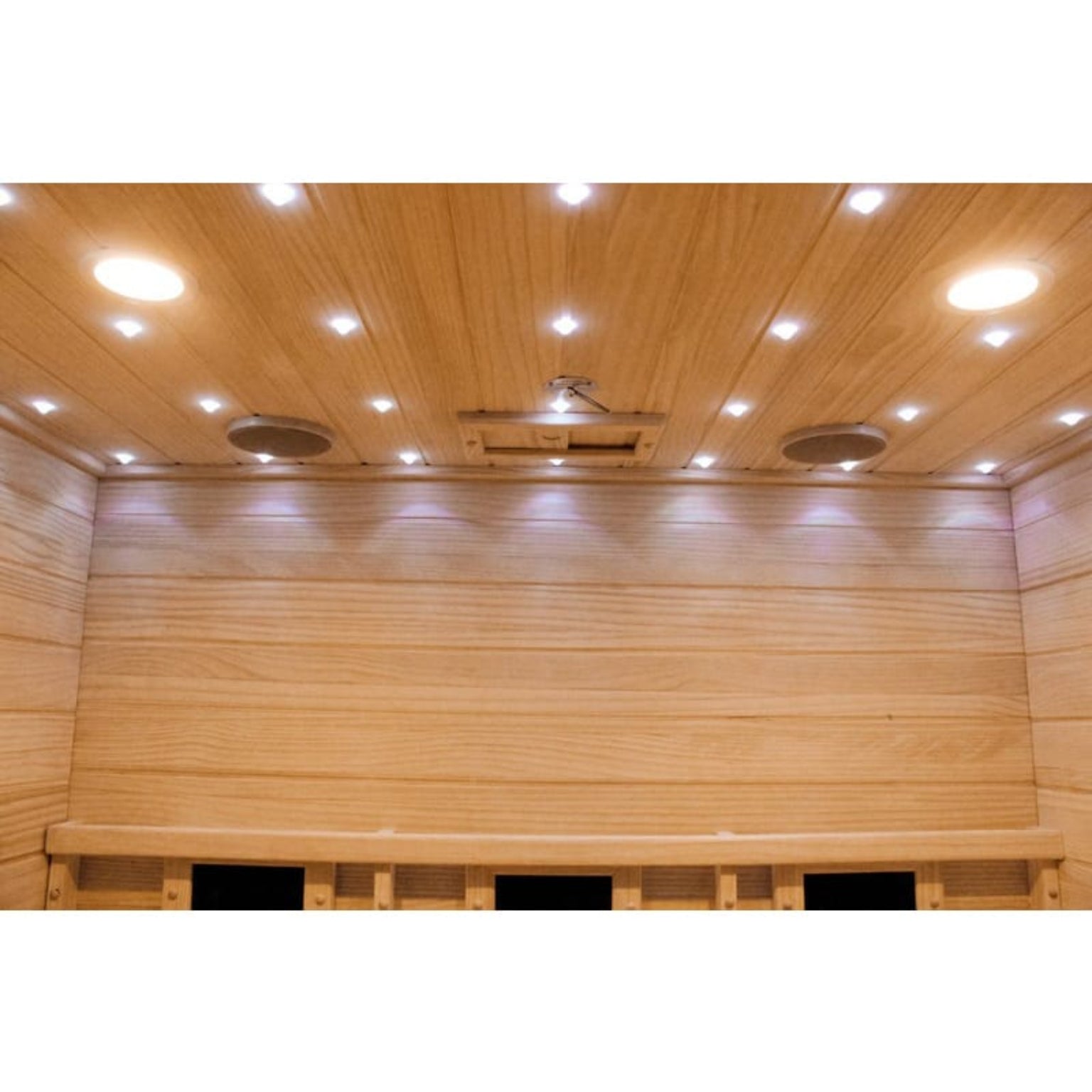 Wooden sauna interior with ceiling lights