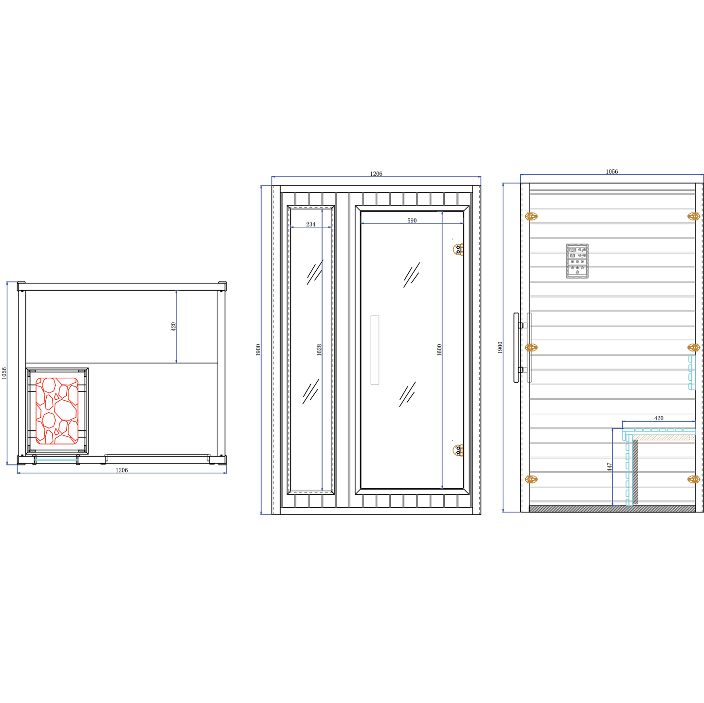Technical drawing of Traditional Steam 2 Person Indoor Sauna