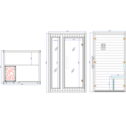 Technical drawing of Traditional Steam 2 Person Indoor Sauna