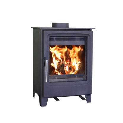 Wood stove with flames inside 