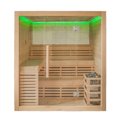 CenturaHeat 4 Person Canadian Hemlock Indoor Sauna with Stone Back Wall and 6kW Harvia Heater