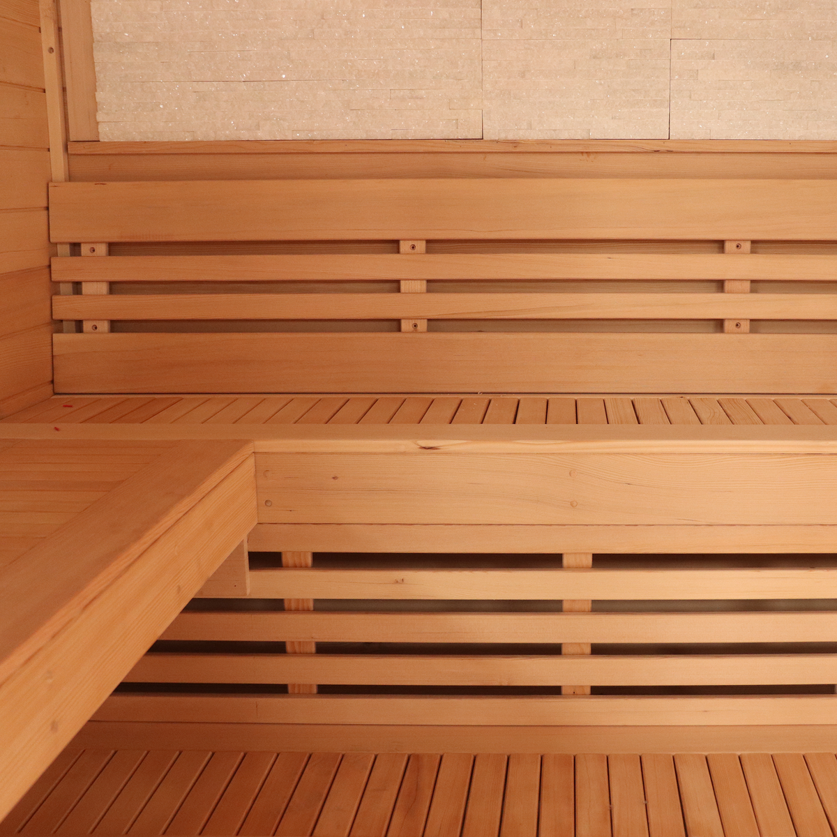 CenturaHeat 4 Person Canadian Hemlock Indoor Sauna with Stone Back Wall and 6kW Harvia Heater