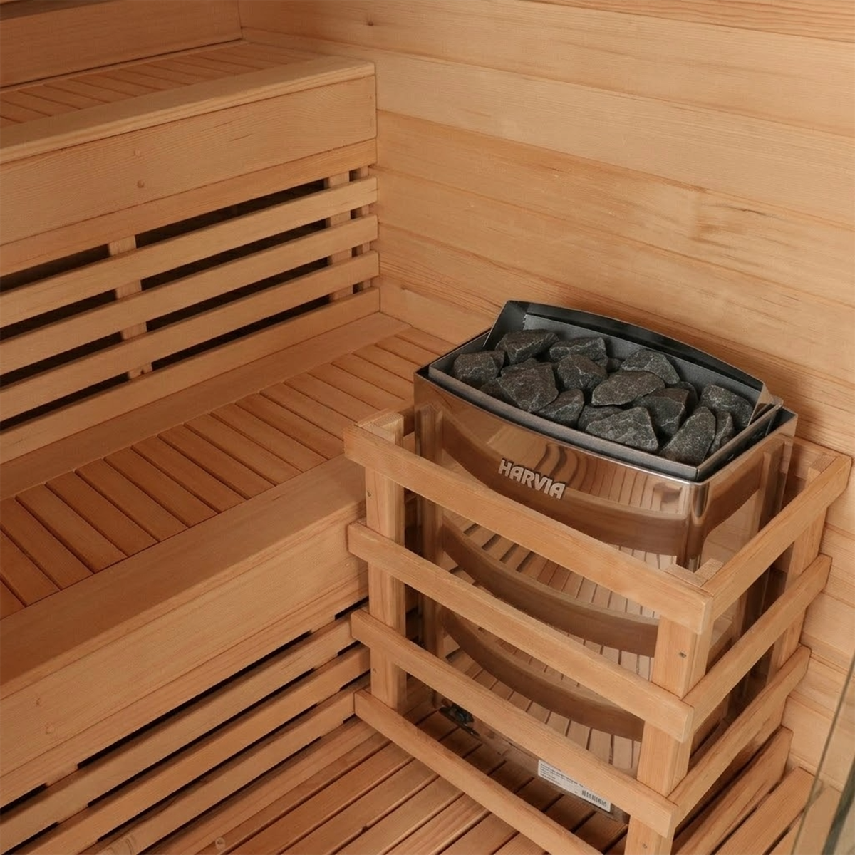 CenturaHeat 4 Person Canadian Hemlock Indoor Sauna with Stone Back Wall and 6kW Harvia Heater