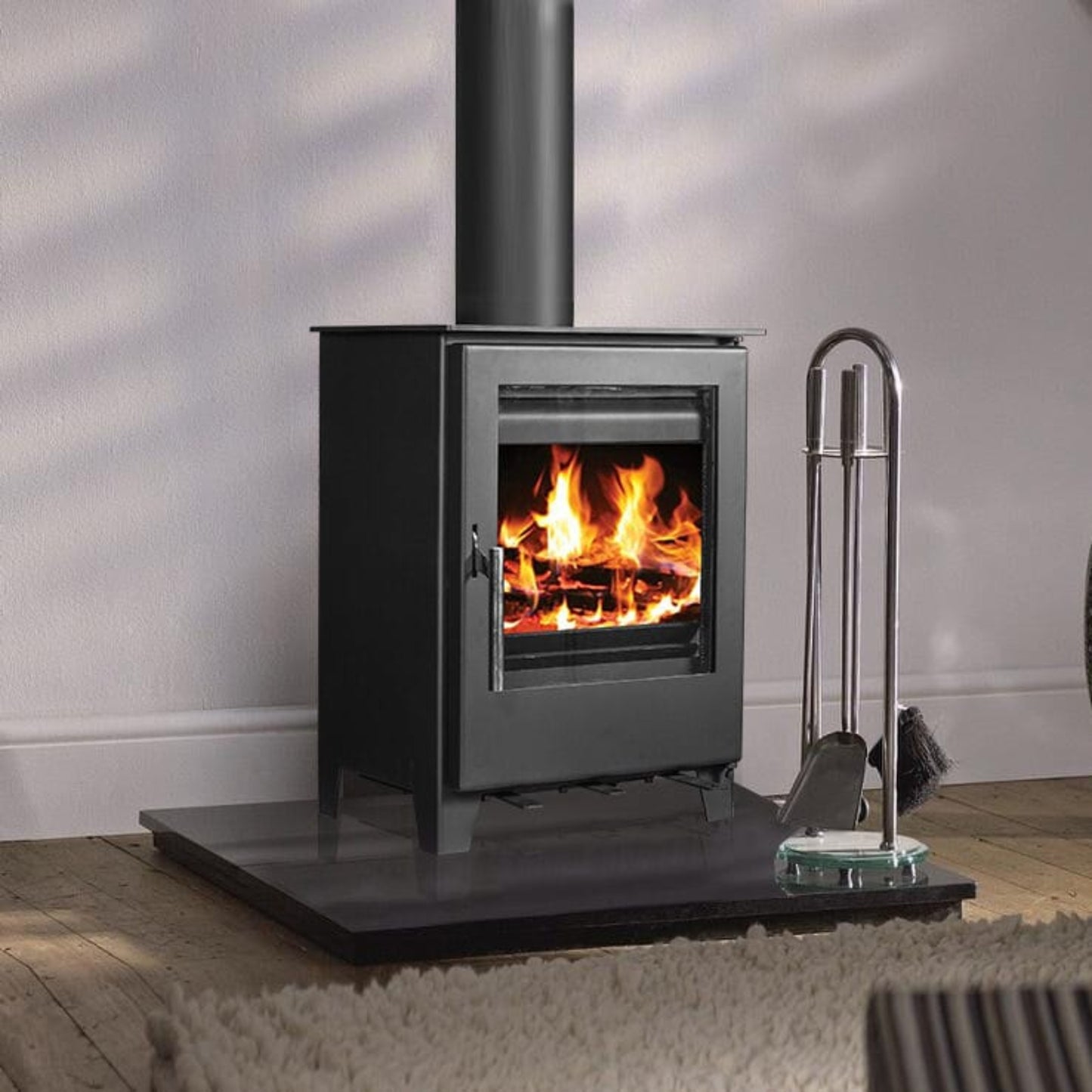 Wood stove with fire burning inside