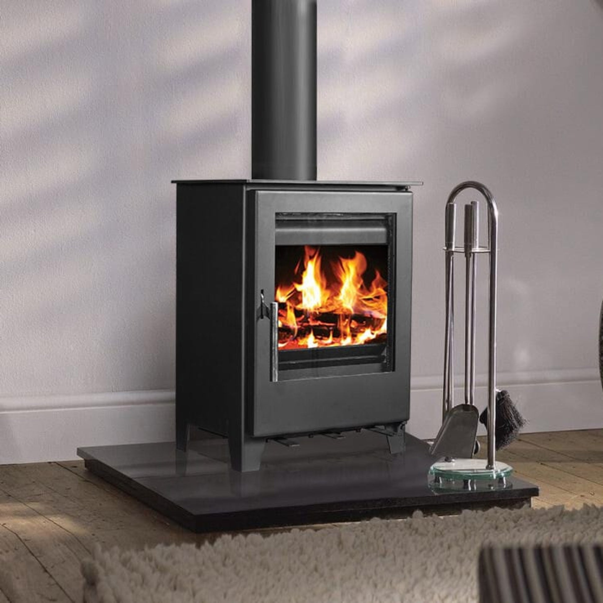 Wood stove with fire burning inside
