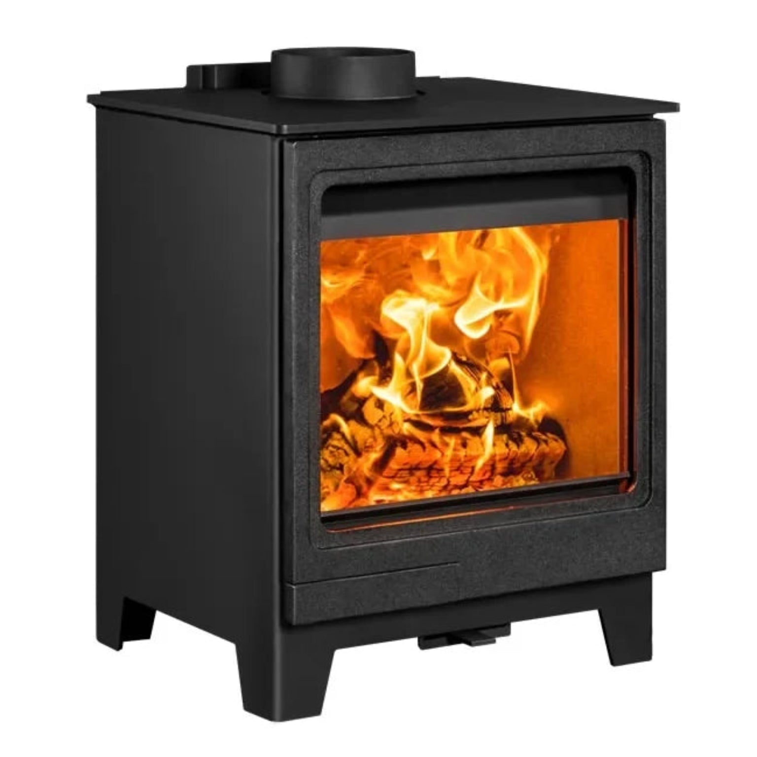 Black wood stove with visible flames 