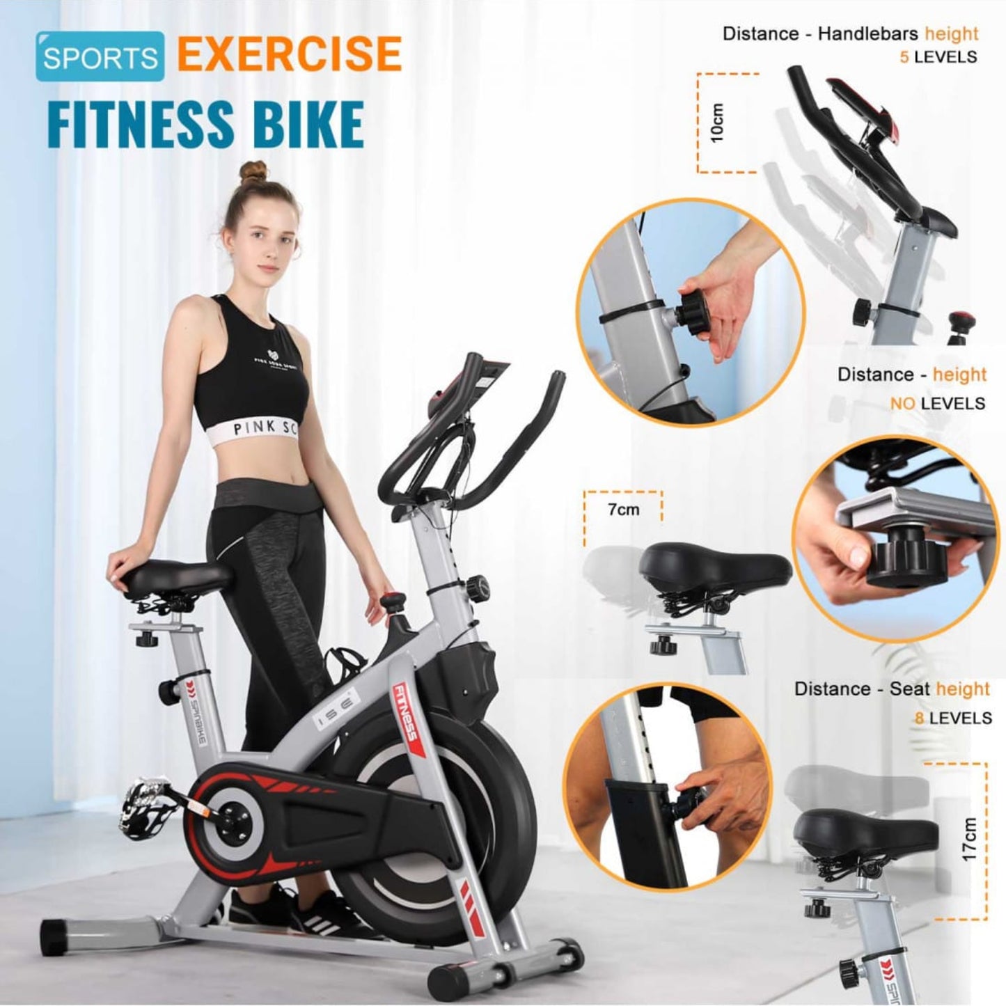 Fitness bike with adjustable features 