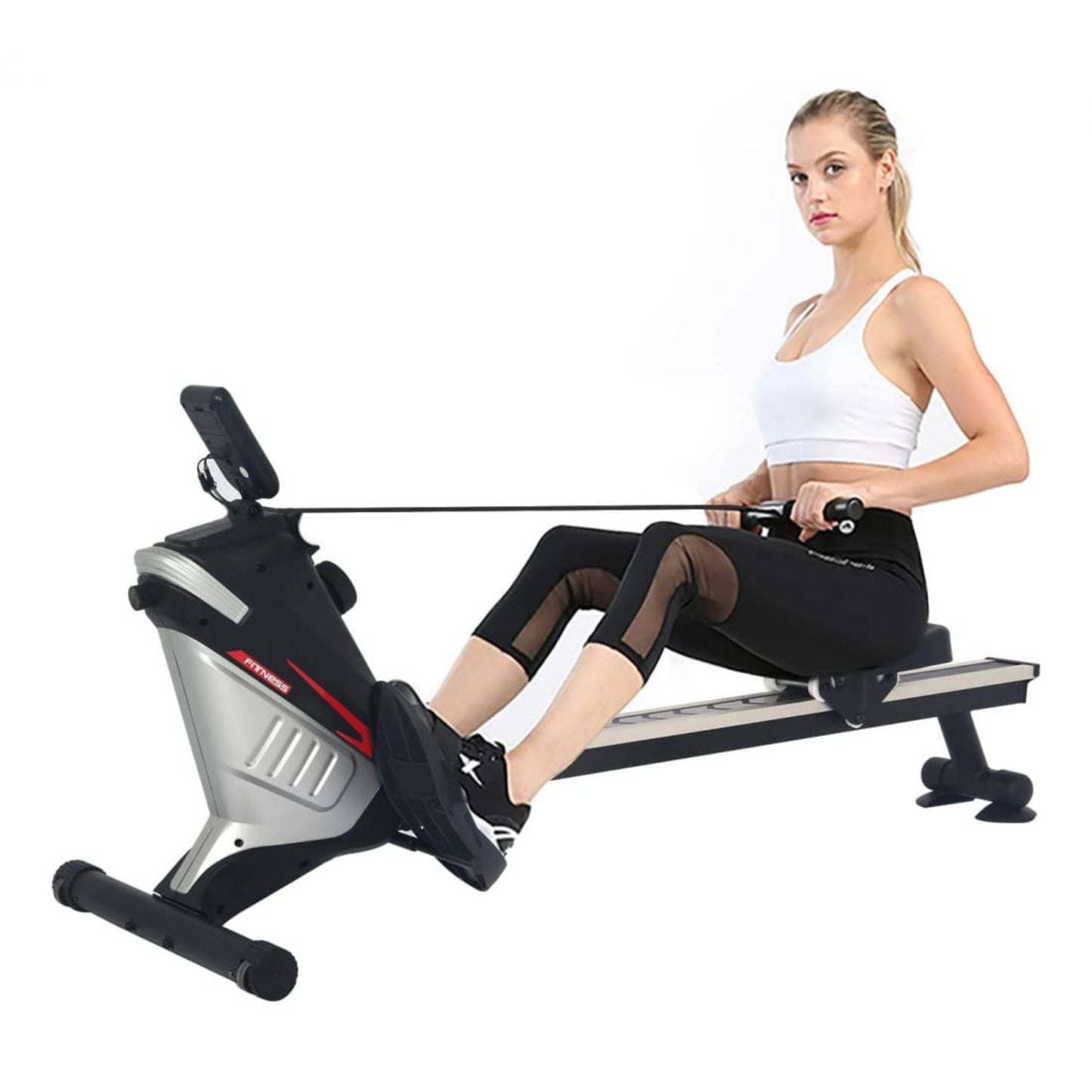Woman using a Magnetic Rowing Machine with Vertical Storage