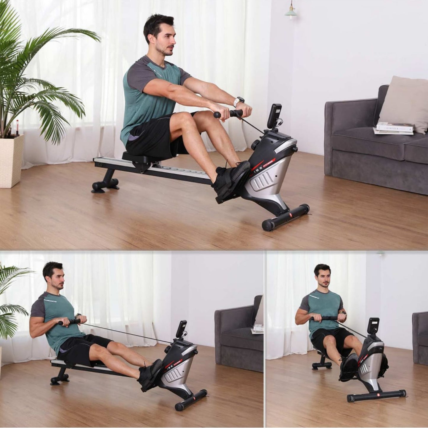Man using a rowing machine in a home setting 