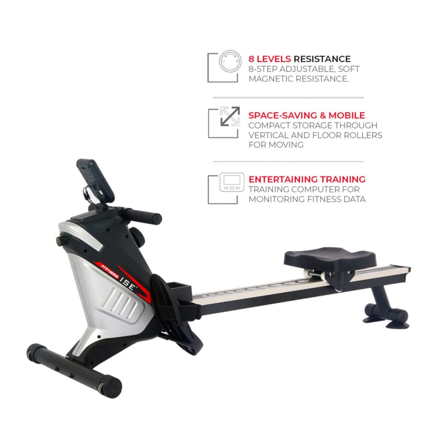 Rowing machine with features listed 