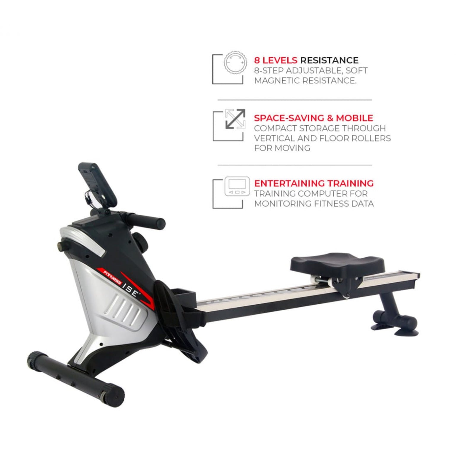 Rowing machine with features listed 
