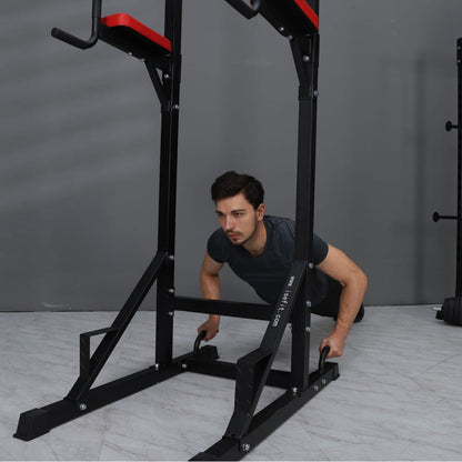 Person using a black pull-up bar in a home gym setting