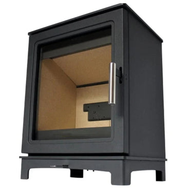 Black freestanding stove with glass door