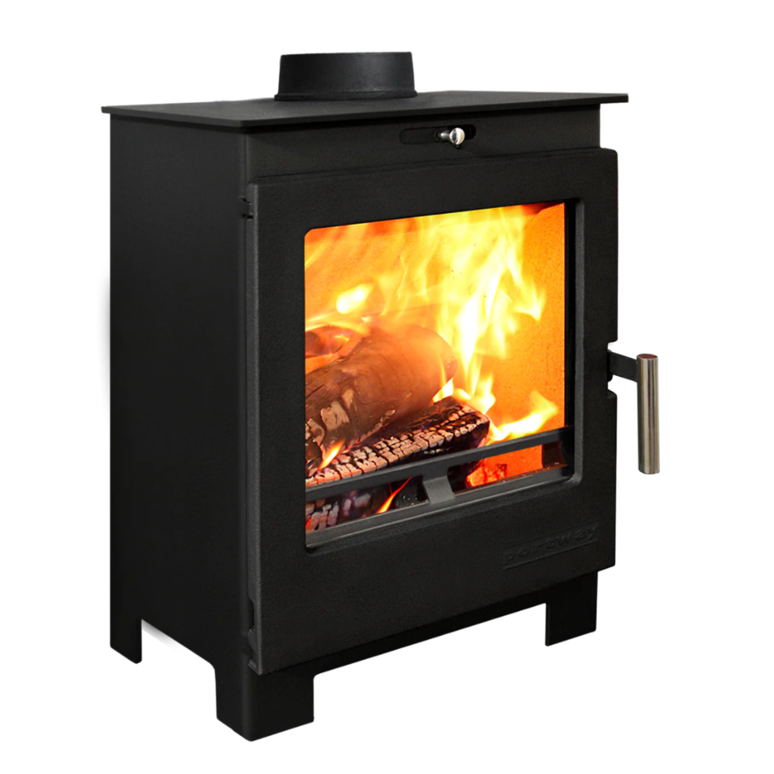 Black wood stove with visible flames 