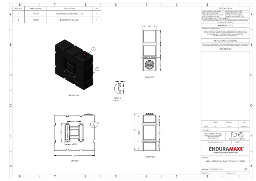 400 Litre Baffled Horizontal Water Tank