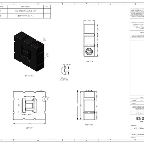 400 Litre Baffled Horizontal Water Tank