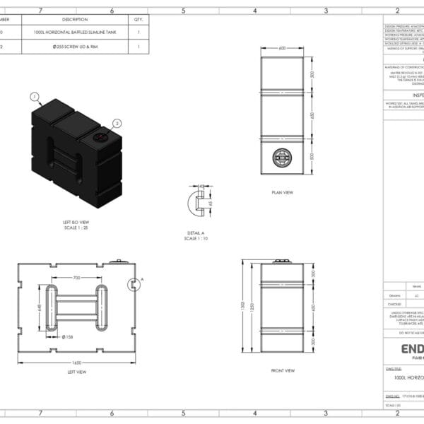 1000 Litre Baffled Horizontal Water Tank