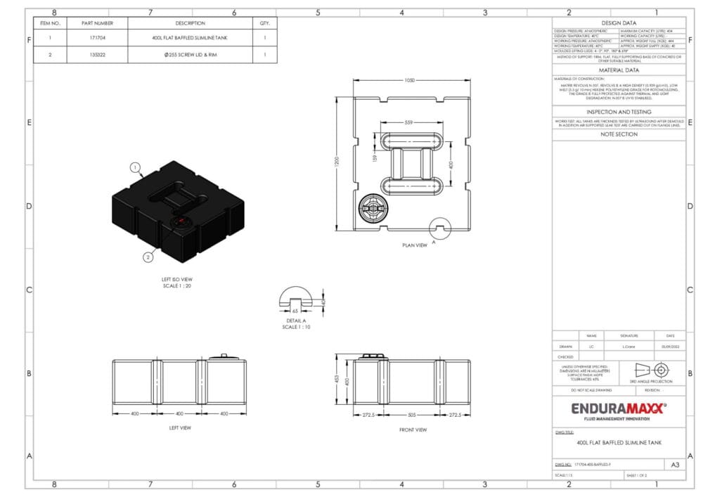 400 Litre Baffled Flat Water Tank